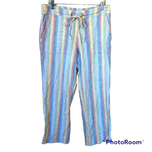 Cynthia Linen Pants Women’s Size Medium Striped Wide Leg Pockets Boho Rainbow - Picture 1 of 8